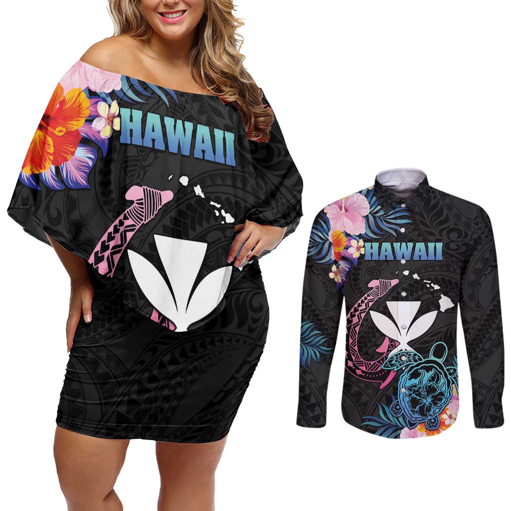 Personalised Hawaii Couples Matching Off Shoulder Short Dress and Long Sleeve Button Shirt Kanaka Maoli With Fish Hook DT04 Black - Polynesian Pride