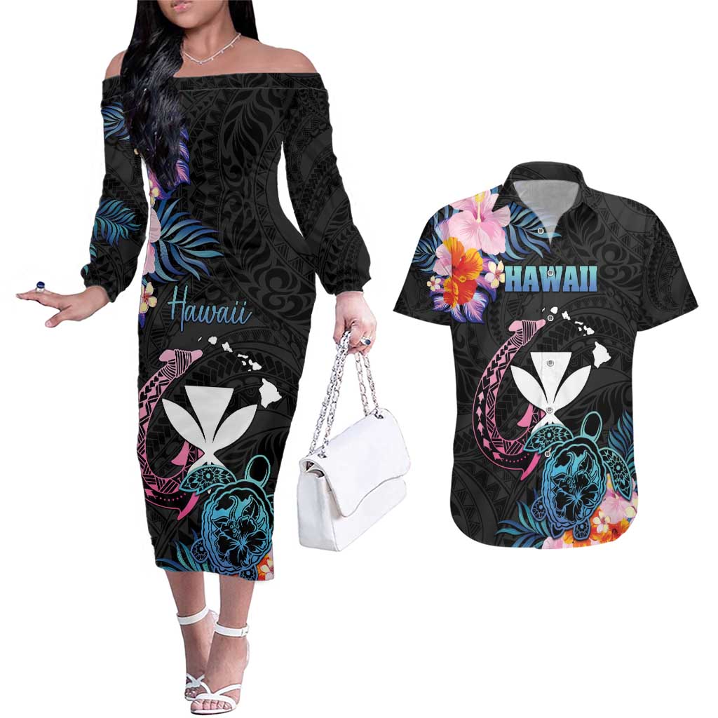 Personalised Hawaii Couples Matching Off The Shoulder Long Sleeve Dress and Hawaiian Shirt Kanaka Maoli With Fish Hook DT04 Black - Polynesian Pride