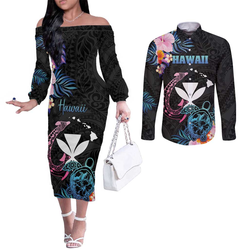 Personalised Hawaii Couples Matching Off The Shoulder Long Sleeve Dress and Long Sleeve Button Shirt Kanaka Maoli With Fish Hook DT04 Black - Polynesian Pride