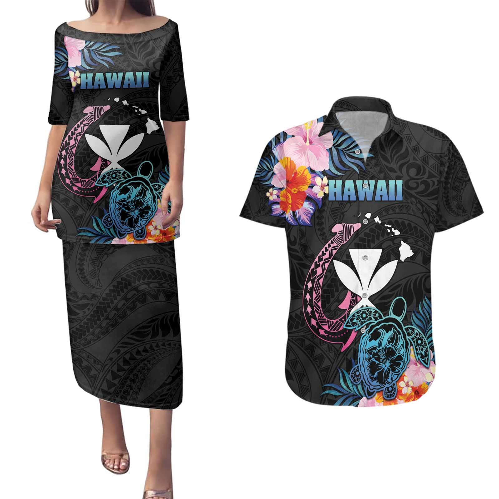 Personalised Hawaii Couples Matching Puletasi and Hawaiian Shirt Kanaka Maoli With Fish Hook DT04 Black - Polynesian Pride