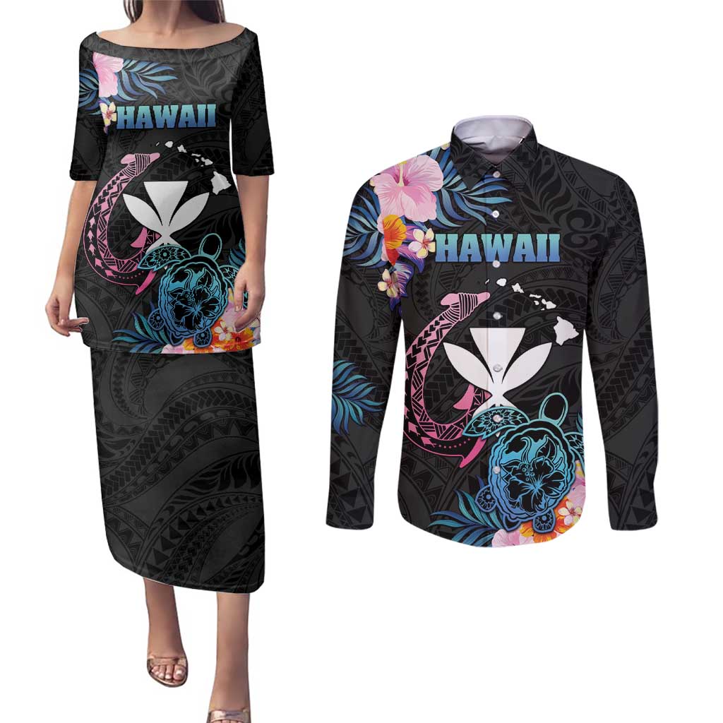 Personalised Hawaii Couples Matching Puletasi and Long Sleeve Button Shirt Kanaka Maoli With Fish Hook DT04 Black - Polynesian Pride