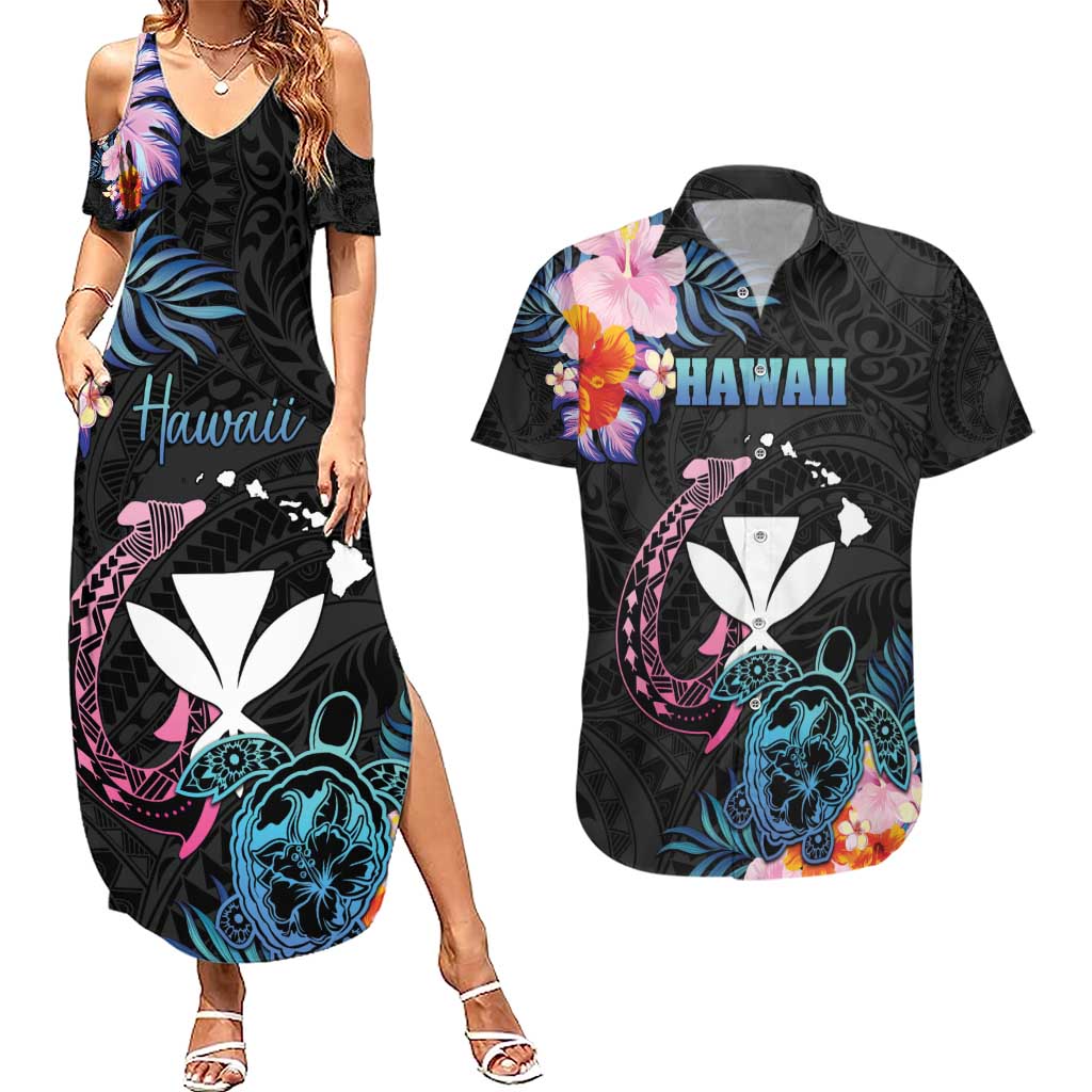 Personalised Hawaii Couples Matching Summer Maxi Dress and Hawaiian Shirt Kanaka Maoli With Fish Hook DT04 Black - Polynesian Pride