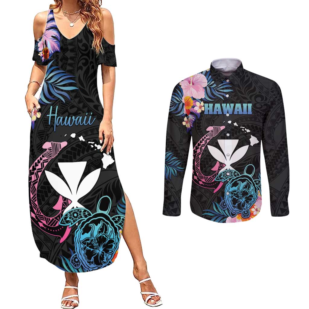 Personalised Hawaii Couples Matching Summer Maxi Dress and Long Sleeve Button Shirt Kanaka Maoli With Fish Hook DT04 Black - Polynesian Pride