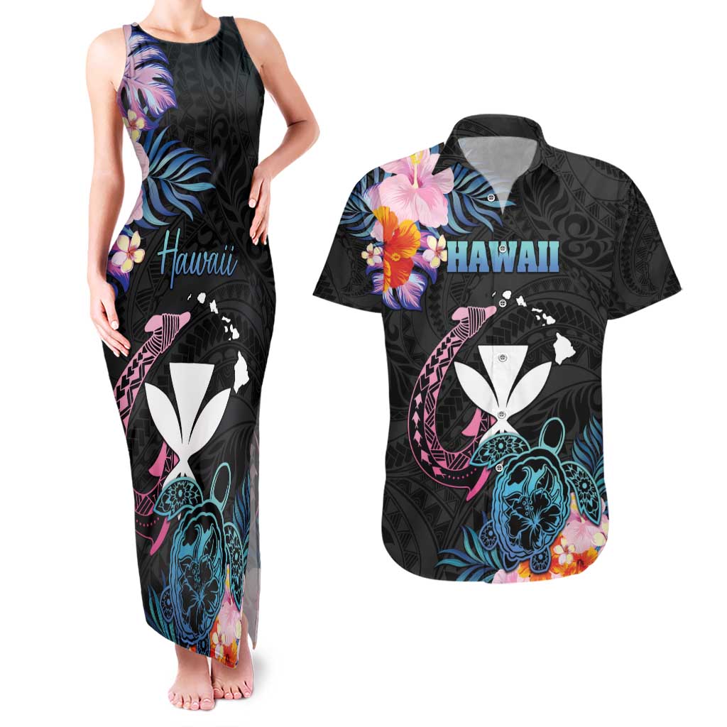 Personalised Hawaii Couples Matching Tank Maxi Dress and Hawaiian Shirt Kanaka Maoli With Fish Hook DT04 Black - Polynesian Pride