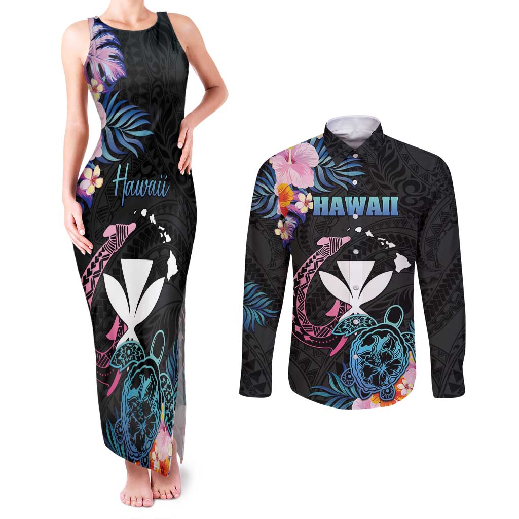 Personalised Hawaii Couples Matching Tank Maxi Dress and Long Sleeve Button Shirt Kanaka Maoli With Fish Hook DT04 Black - Polynesian Pride