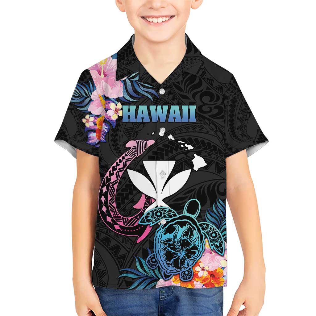 Personalised Hawaii Kid Hawaiian Shirt Kanaka Maoli With Fish Hook DT04 Kid Black - Polynesian Pride