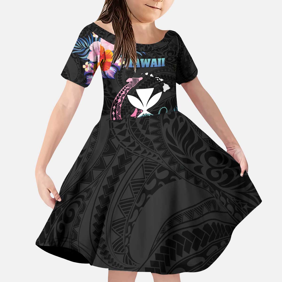 Personalised Hawaii Kid Short Sleeve Dress Kanaka Maoli With Fish Hook