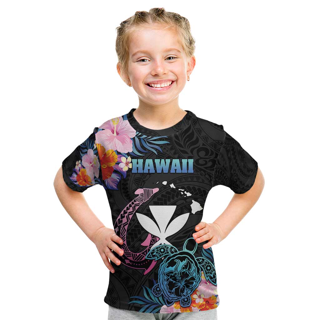 Personalised Hawaii Kid T Shirt Kanaka Maoli With Fish Hook DT04 Black - Polynesian Pride