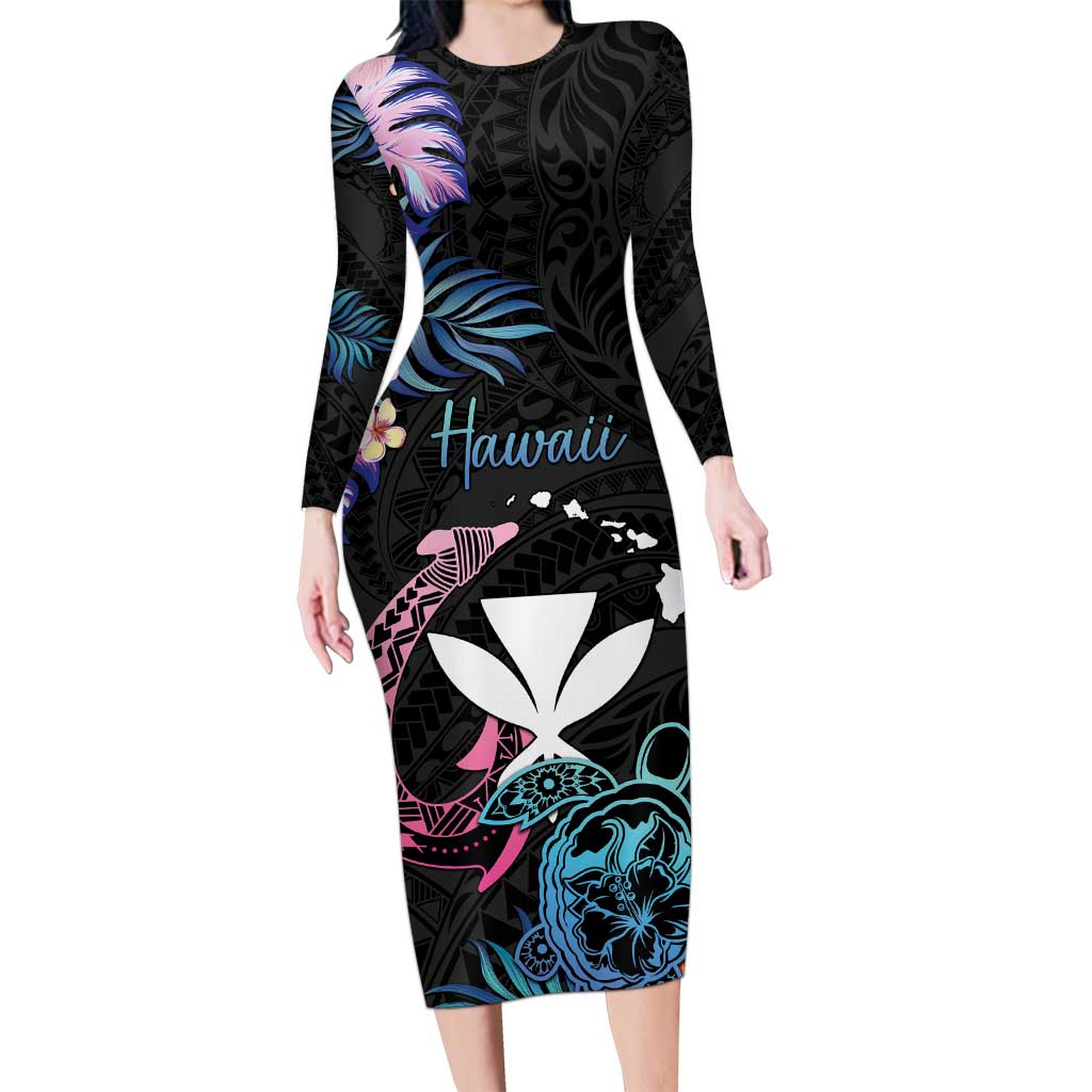 Personalised Hawaii Long Sleeve Bodycon Dress Kanaka Maoli With Fish Hook