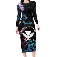 Personalised Hawaii Long Sleeve Bodycon Dress Kanaka Maoli With Fish Hook