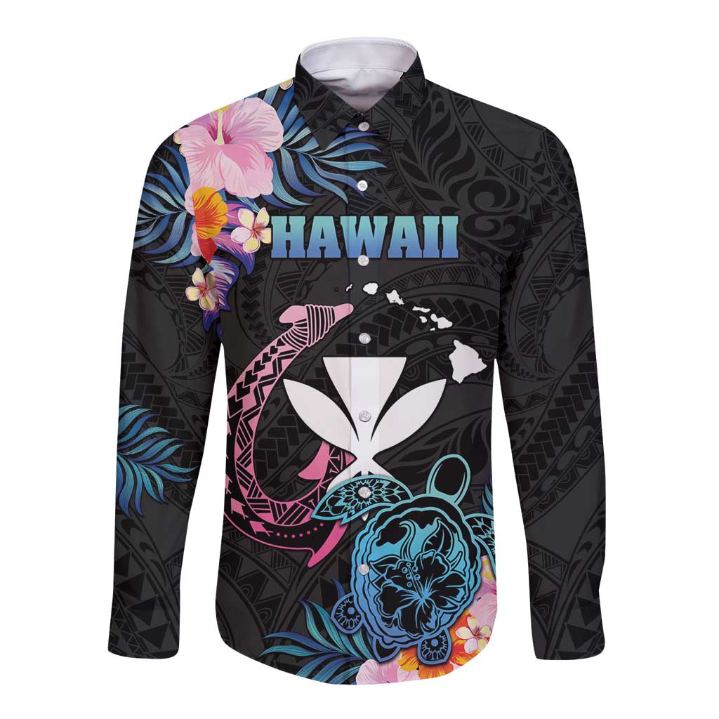 Personalised Hawaii Long Sleeve Button Shirt Kanaka Maoli With Fish Hook DT04 Unisex Black - Polynesian Pride