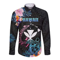 Personalised Hawaii Long Sleeve Button Shirt Kanaka Maoli With Fish Hook