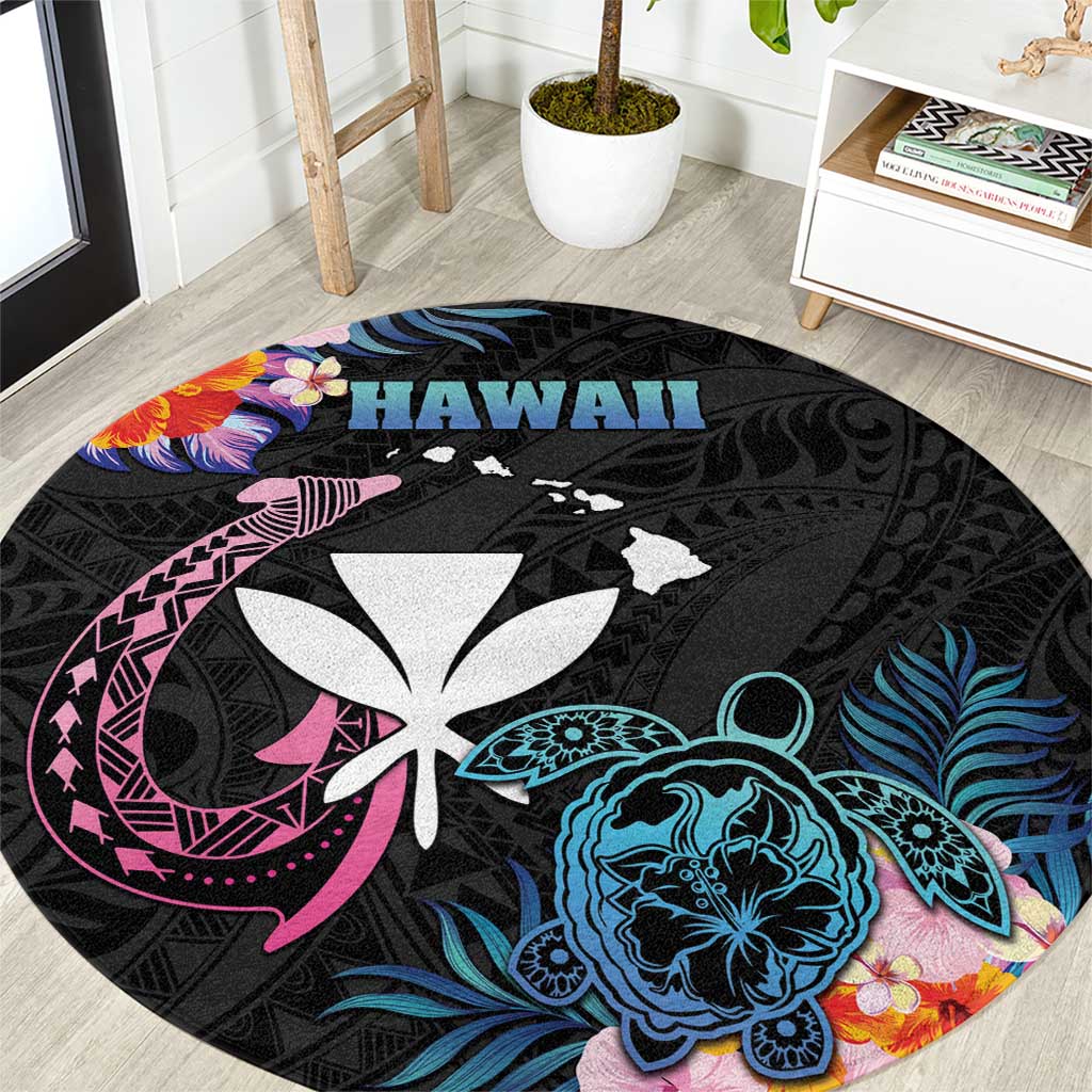 Hawaii Round Carpet Kanaka Maoli With Fish Hook DT04 Black - Polynesian Pride