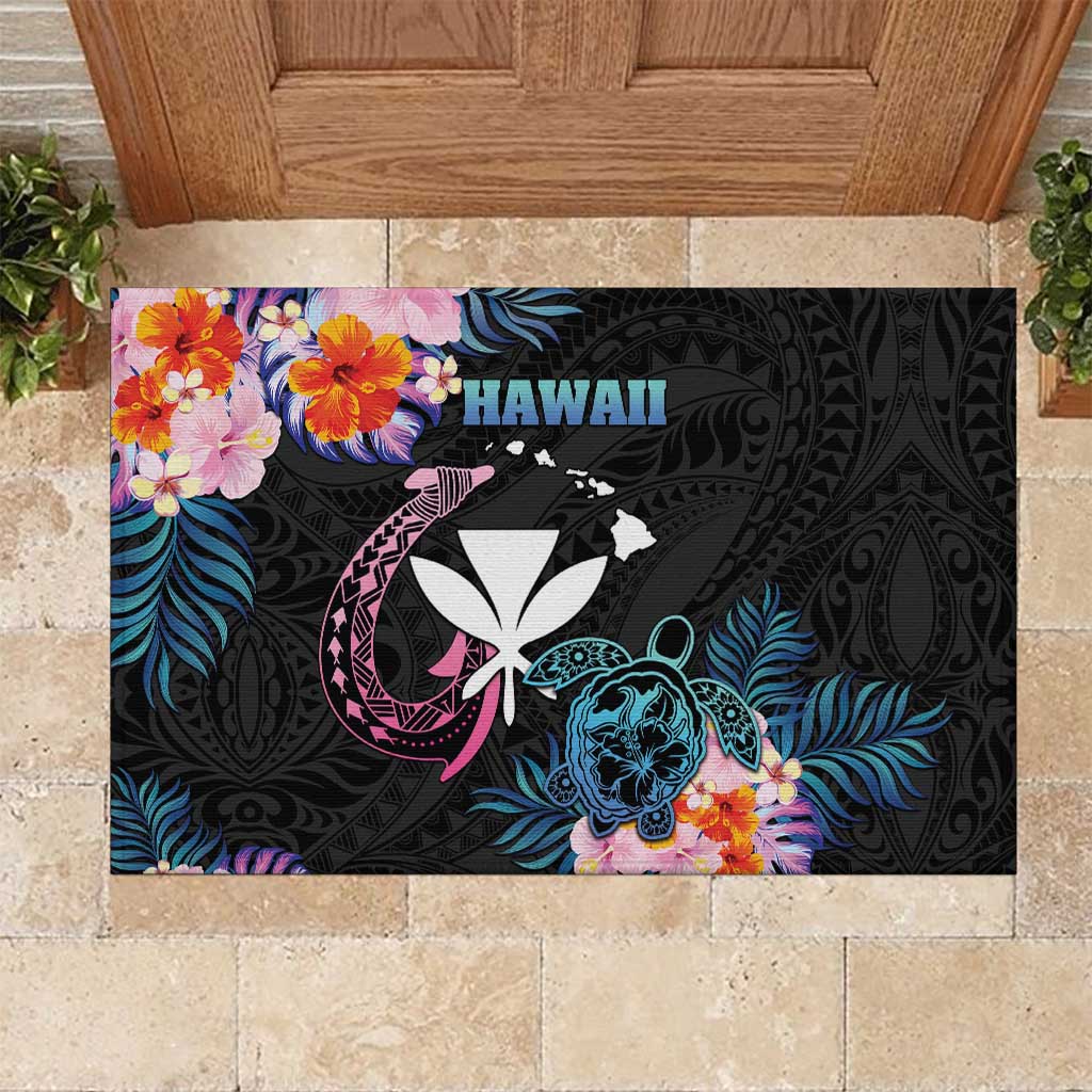 Hawaii Rubber Doormat Kanaka Maoli With Fish Hook DT04 Black - Polynesian Pride