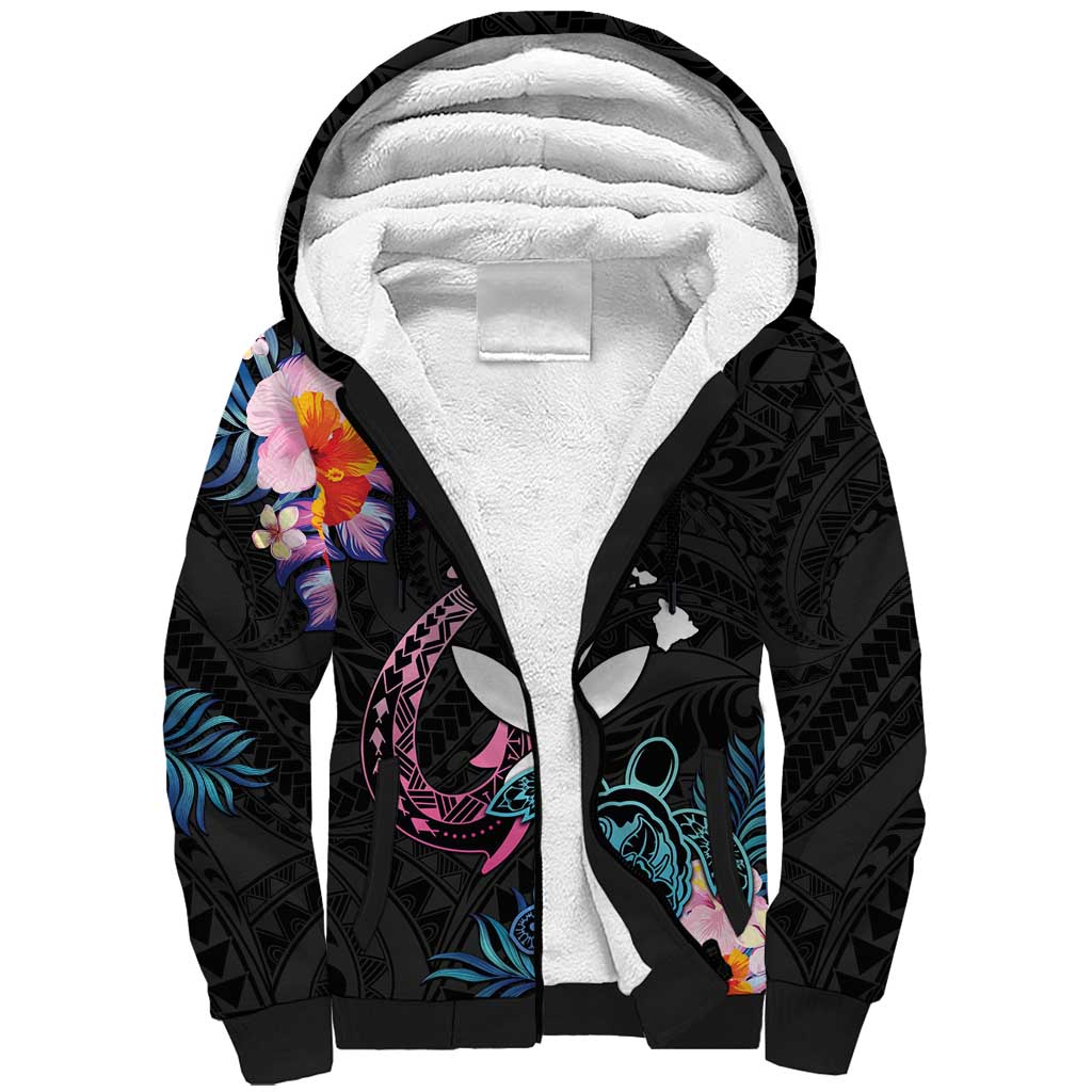 Personalised Hawaii Sherpa Hoodie Kanaka Maoli With Fish Hook DT04 Unisex Black - Polynesian Pride