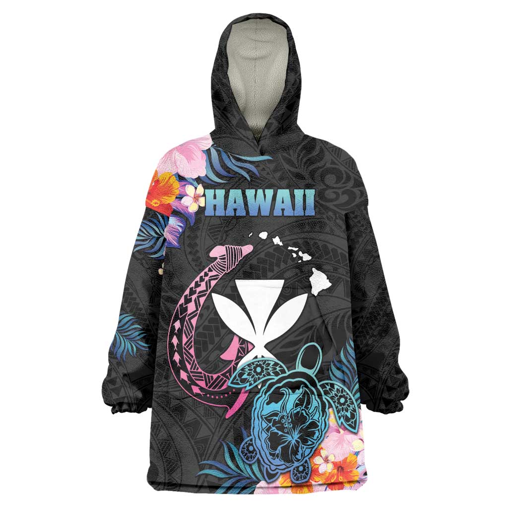Personalised Hawaii Wearable Blanket Hoodie Kanaka Maoli With Fish Hook DT04 One Size Black - Polynesian Pride