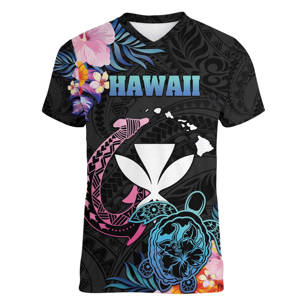 Personalised Hawaii Women V-Neck T-Shirt Kanaka Maoli With Fish Hook DT04 Female Black - Polynesian Pride