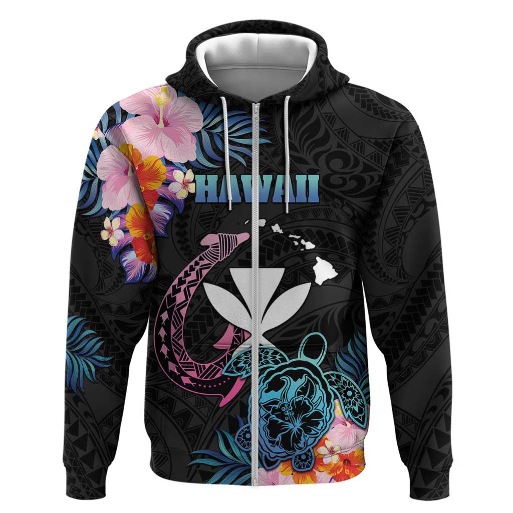 Personalised Hawaii Zip Hoodie Kanaka Maoli With Fish Hook DT04 Zip Hoodie Black - Polynesian Pride