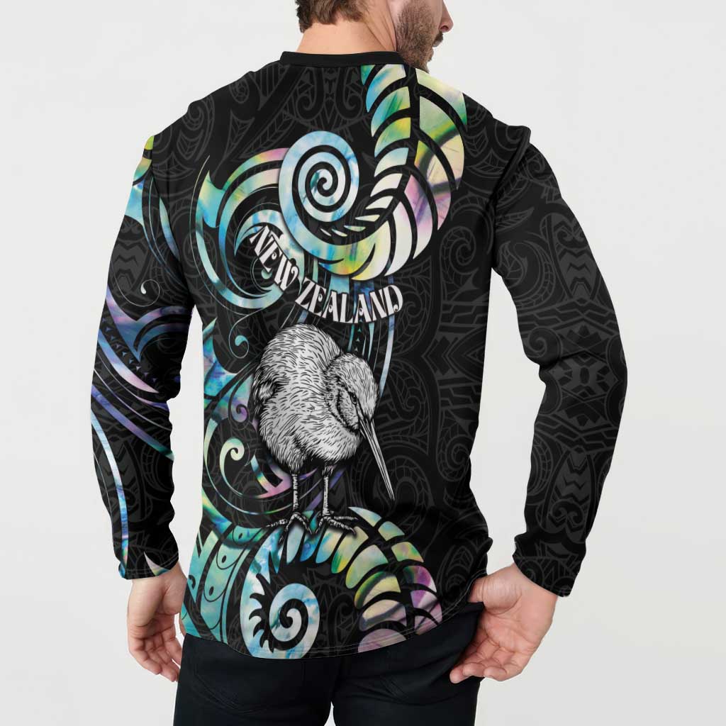 New Zealand Kiwi Bird Button Sweatshirt Silver Fern Koru Paua Shell