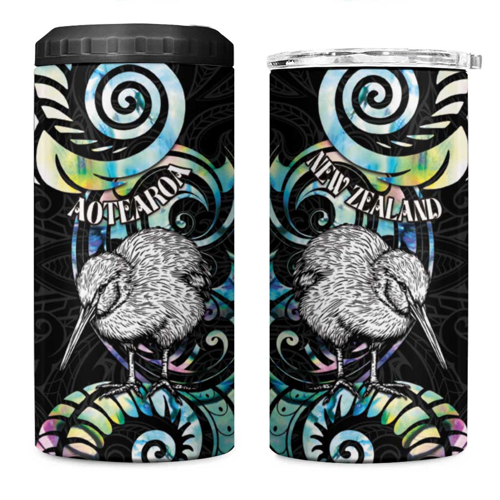 New Zealand Kiwi Bird 4 in 1 Can Cooler Tumbler Silver Fern Koru Paua Shell