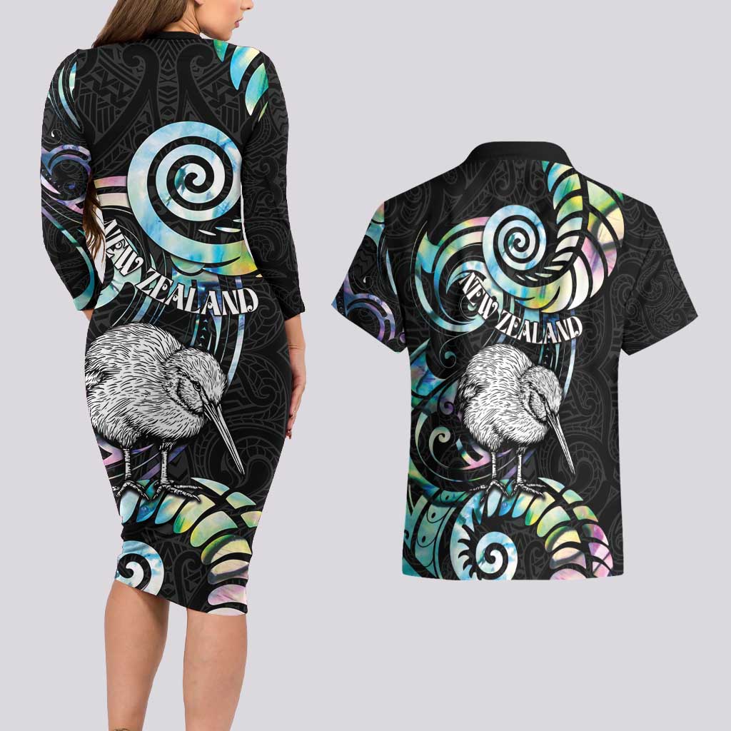 New Zealand Kiwi Bird Couples Matching Long Sleeve Bodycon Dress and Hawaiian Shirt Silver Fern Koru Paua Shell