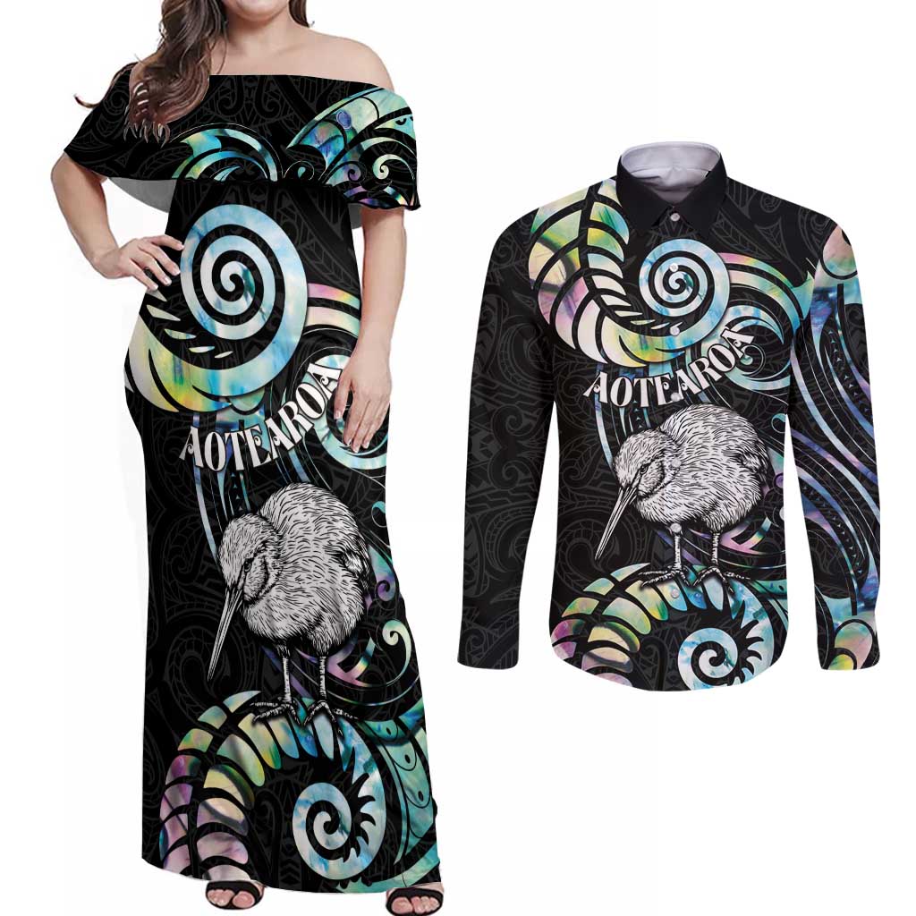 New Zealand Kiwi Bird Couples Matching Off Shoulder Maxi Dress and Long Sleeve Button Shirt Silver Fern Koru Paua Shell