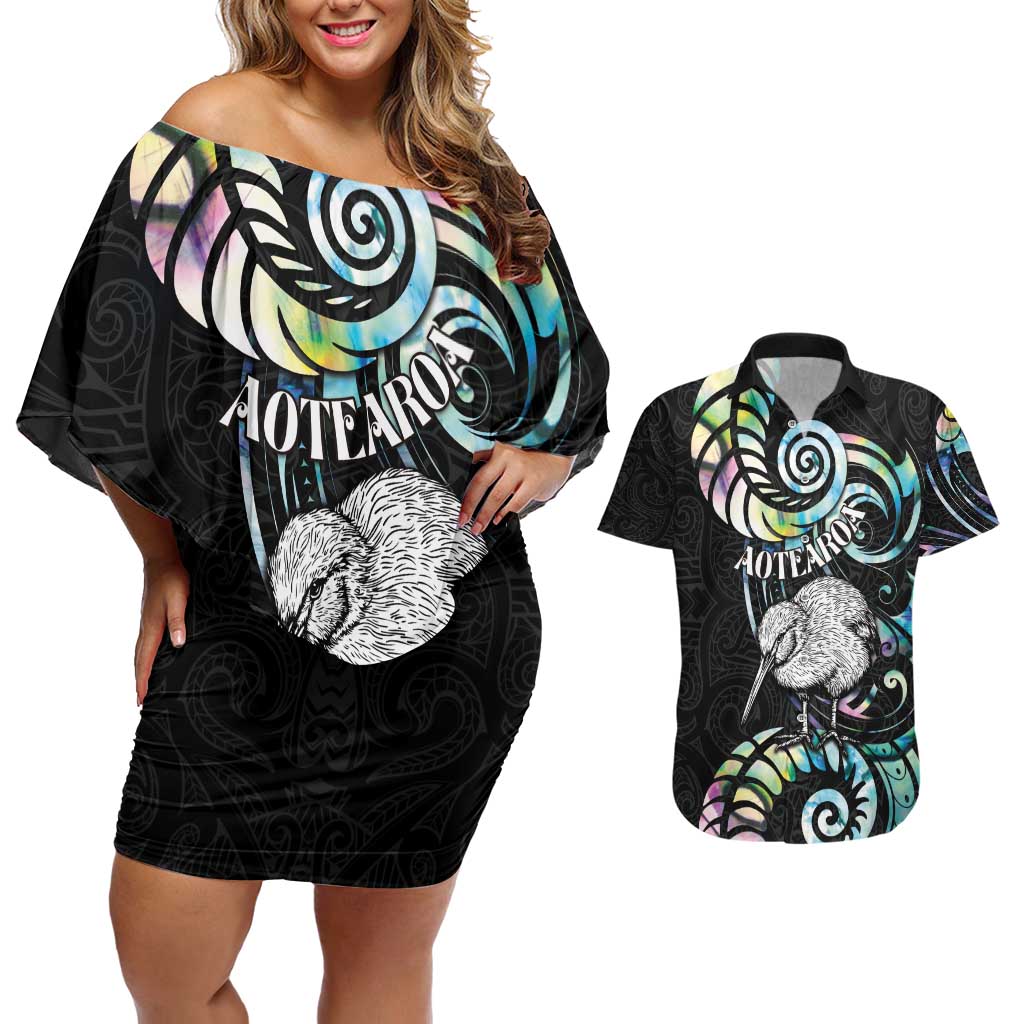 New Zealand Kiwi Bird Couples Matching Off Shoulder Short Dress and Hawaiian Shirt Silver Fern Koru Paua Shell