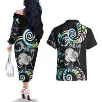 New Zealand Kiwi Bird Couples Matching Off The Shoulder Long Sleeve Dress and Hawaiian Shirt Silver Fern Koru Paua Shell