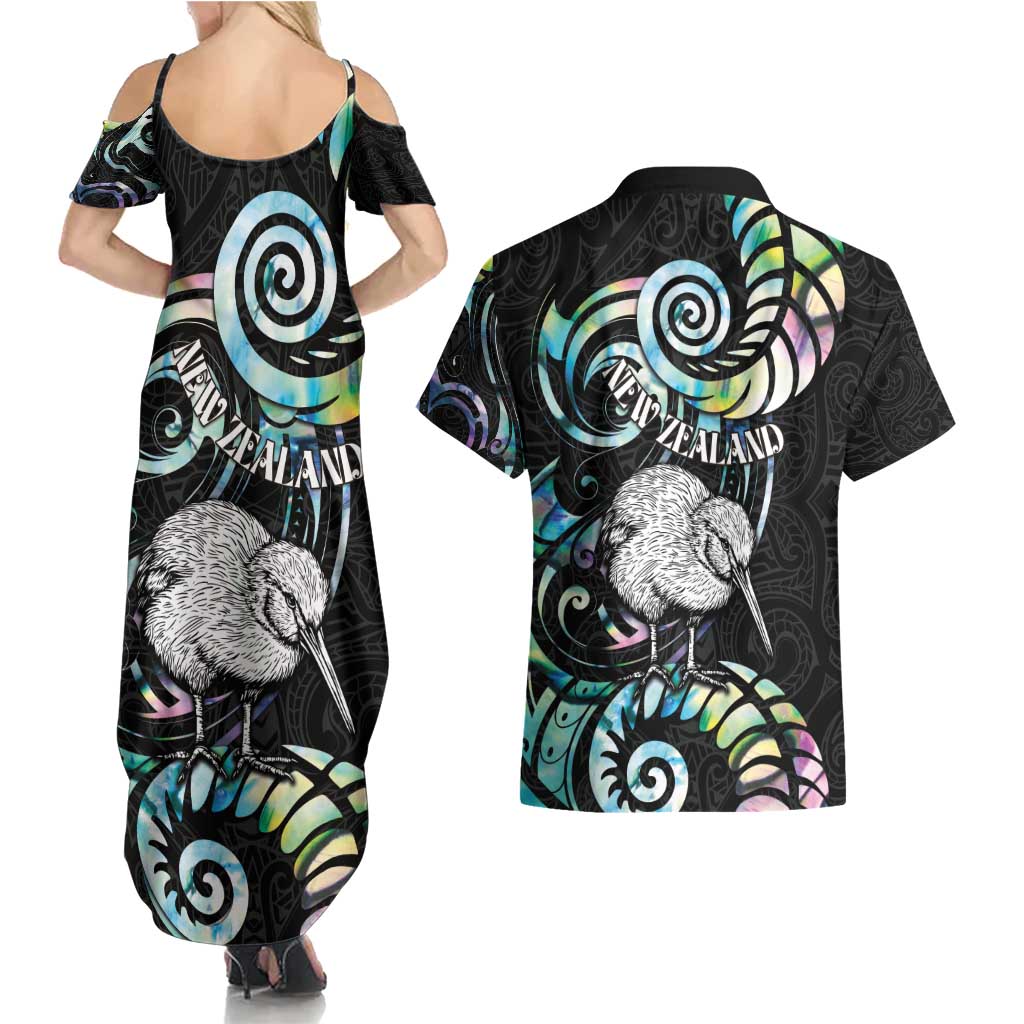 New Zealand Kiwi Bird Couples Matching Summer Maxi Dress and Hawaiian Shirt Silver Fern Koru Paua Shell