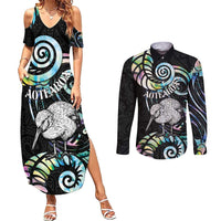New Zealand Kiwi Bird Couples Matching Summer Maxi Dress and Long Sleeve Button Shirt Silver Fern Koru Paua Shell