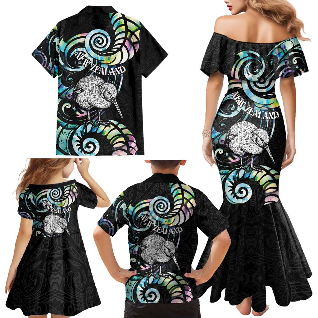 New Zealand Kiwi Bird Family Matching Mermaid Dress and Hawaiian Shirt Silver Fern Koru Paua Shell