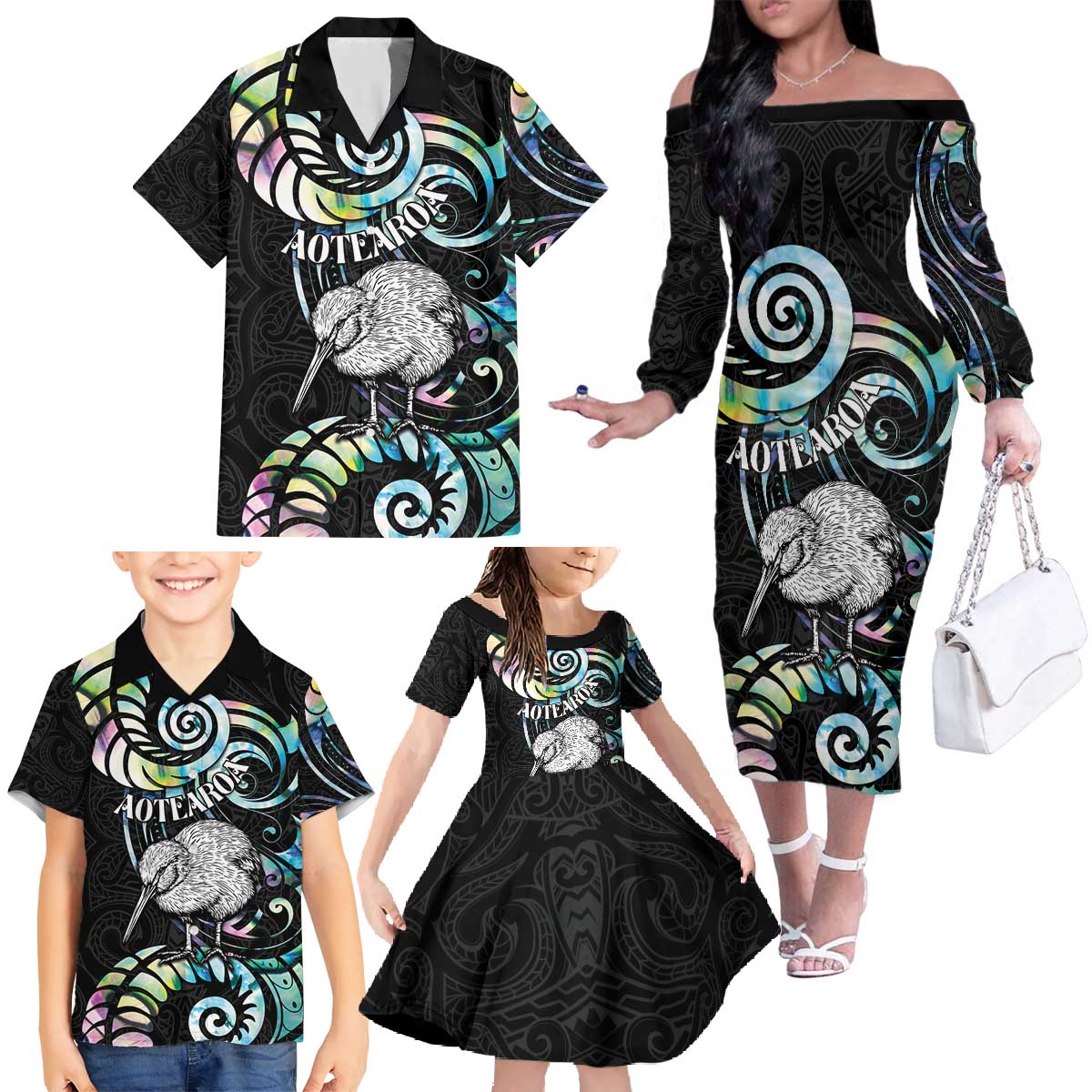 New Zealand Kiwi Bird Family Matching Off The Shoulder Long Sleeve Dress and Hawaiian Shirt Silver Fern Koru Paua Shell