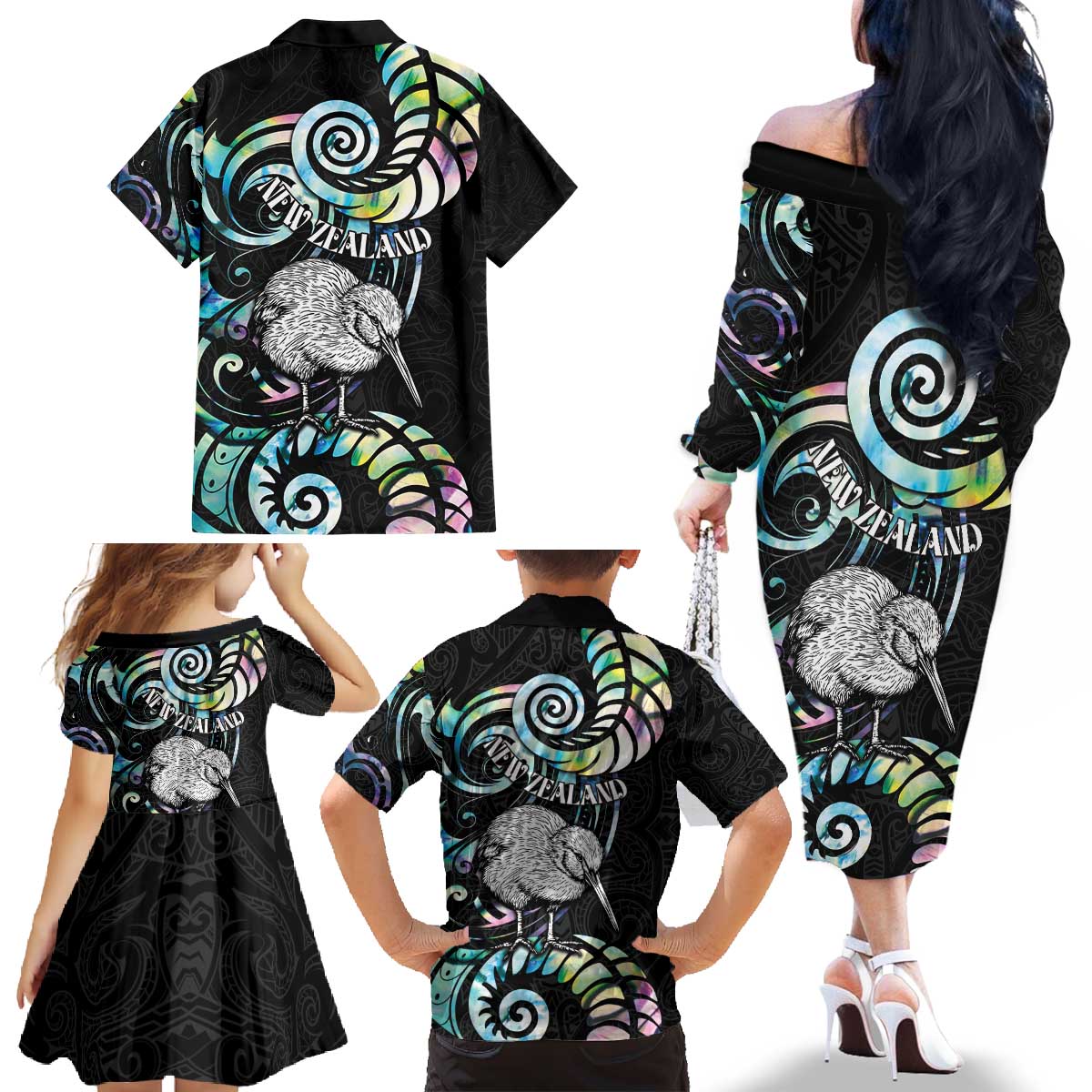 New Zealand Kiwi Bird Family Matching Off The Shoulder Long Sleeve Dress and Hawaiian Shirt Silver Fern Koru Paua Shell