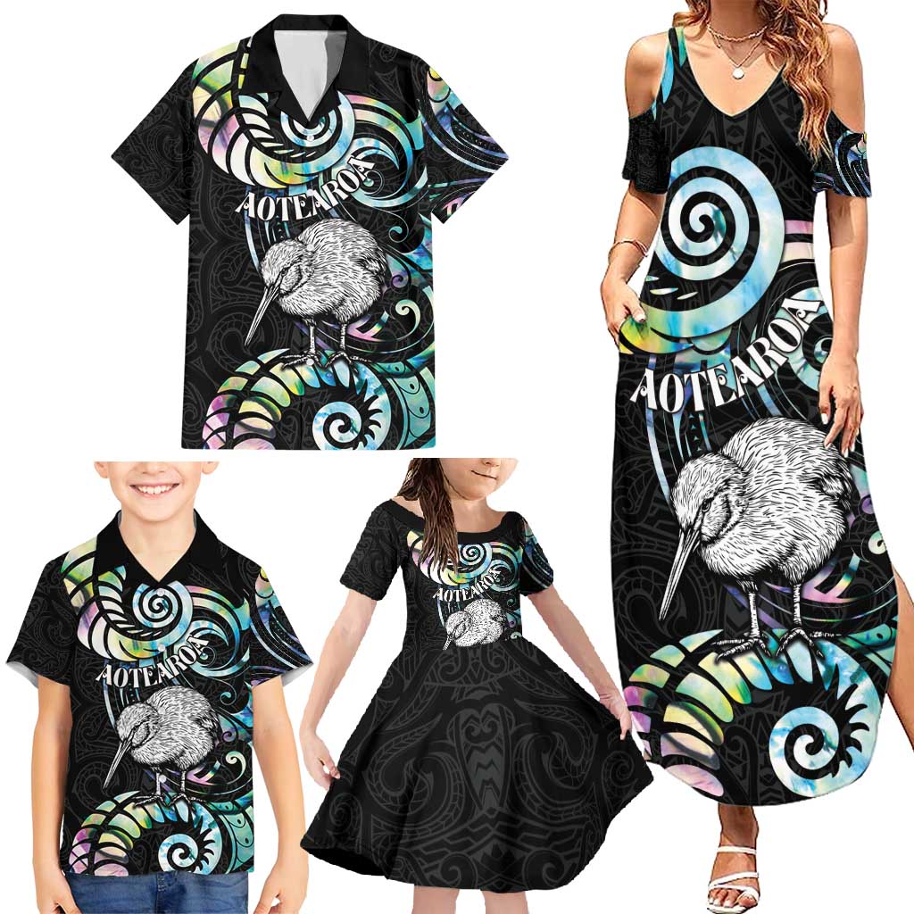 New Zealand Kiwi Bird Family Matching Summer Maxi Dress and Hawaiian Shirt Silver Fern Koru Paua Shell