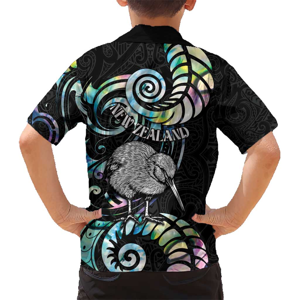 New Zealand Kiwi Bird Kid Hawaiian Shirt Silver Fern Koru Paua Shell