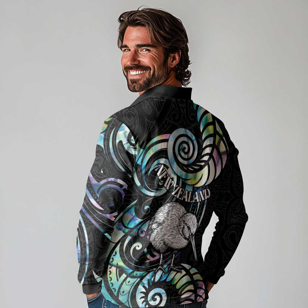 New Zealand Kiwi Bird Long Sleeve Polo Shirt Silver Fern Koru Paua Shell