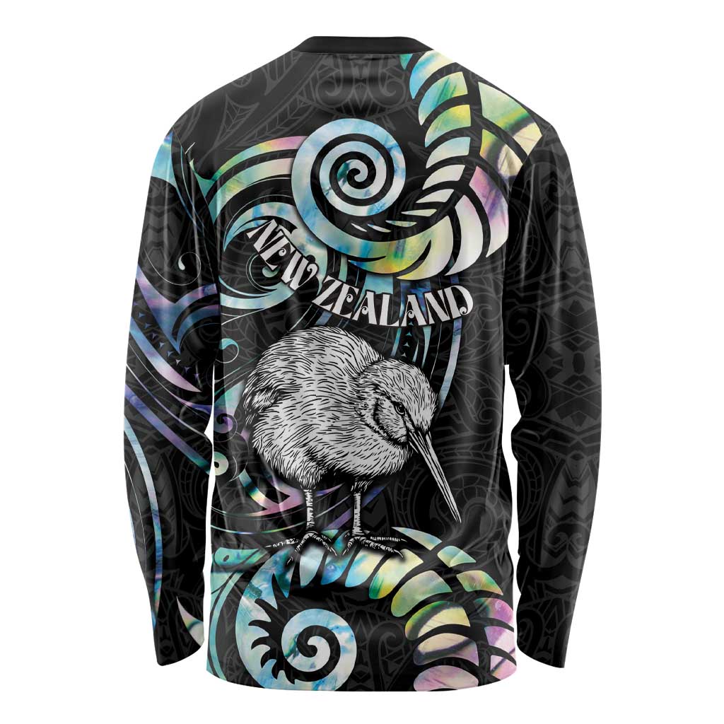 New Zealand Kiwi Bird Long Sleeve Shirt Silver Fern Koru Paua Shell
