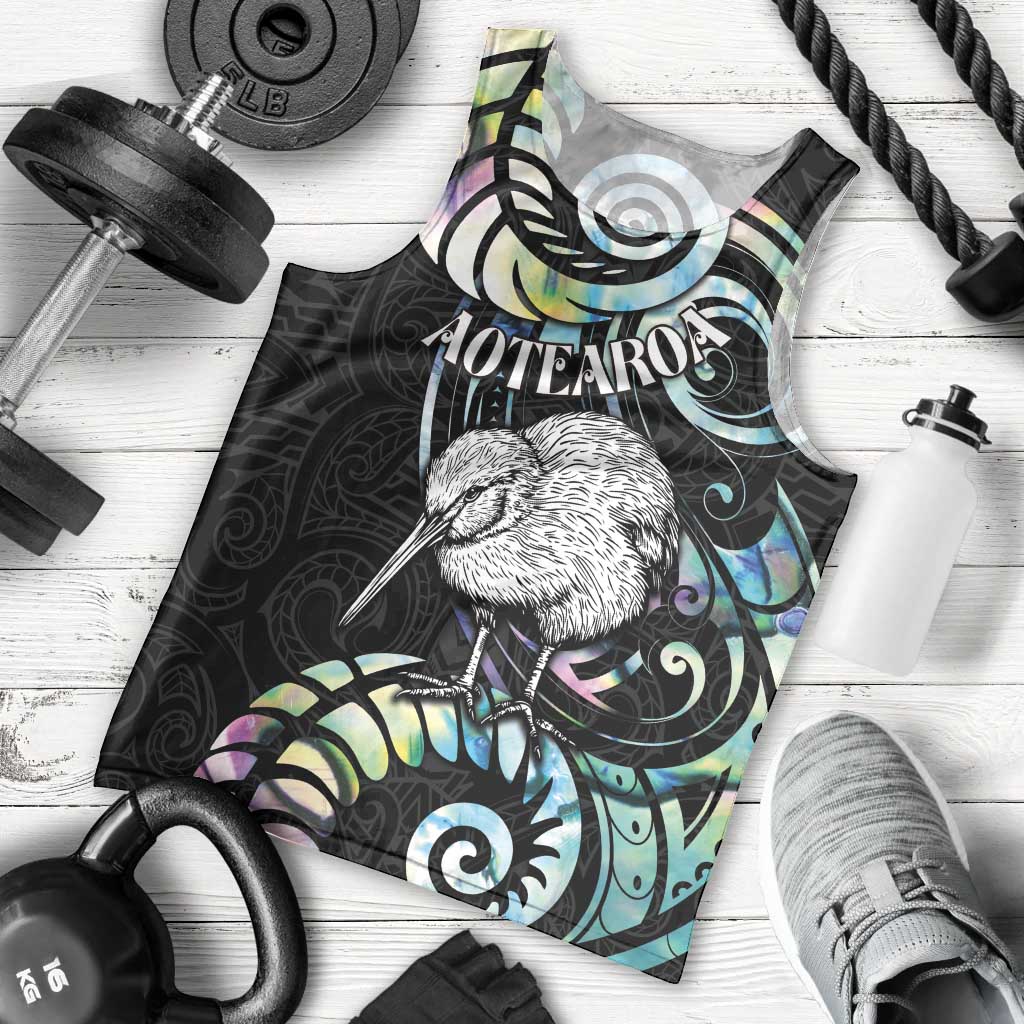 New Zealand Kiwi Bird Men Tank Top Silver Fern Koru Paua Shell