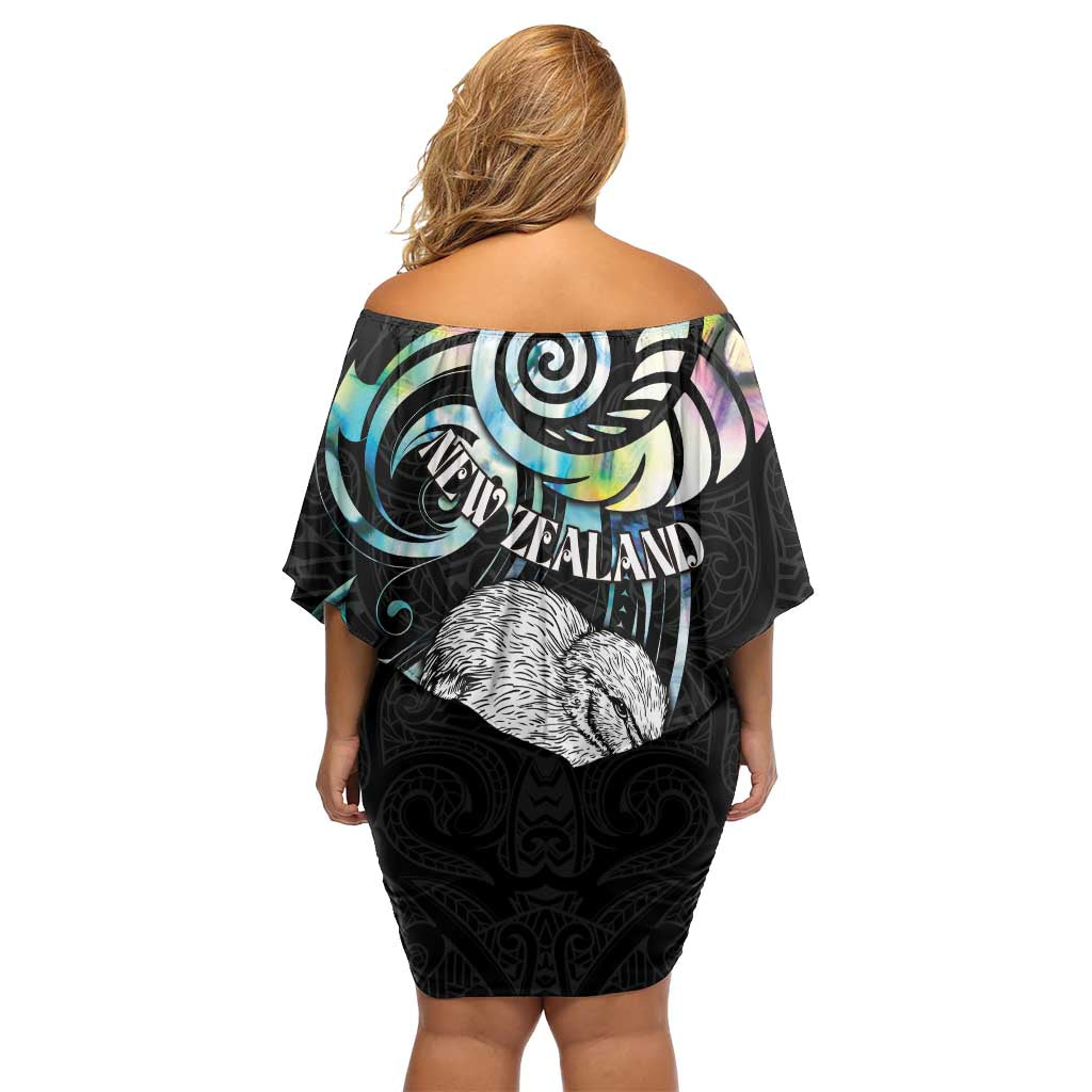 New Zealand Kiwi Bird Off Shoulder Short Dress Silver Fern Koru Paua Shell