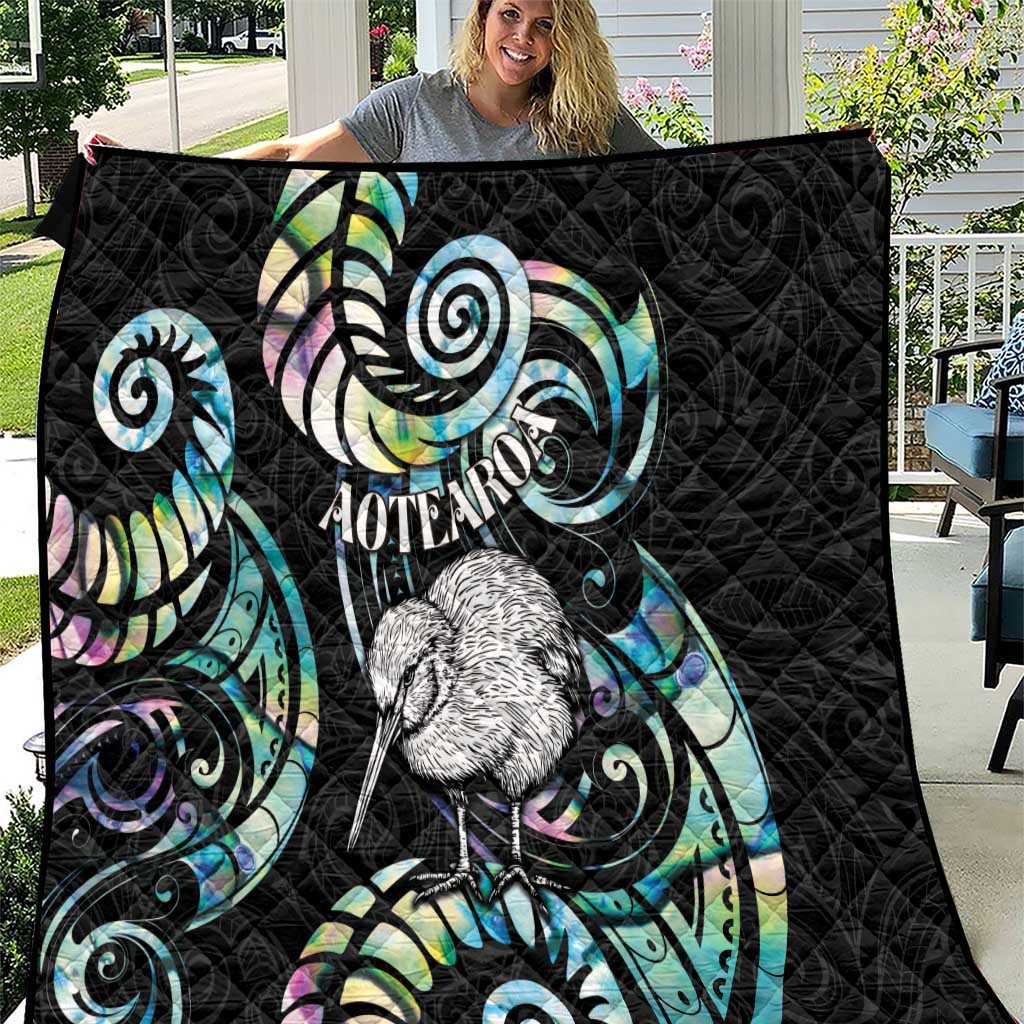 New Zealand Kiwi Bird Quilt Silver Fern Koru Paua Shell DT04 Black - Polynesian Pride