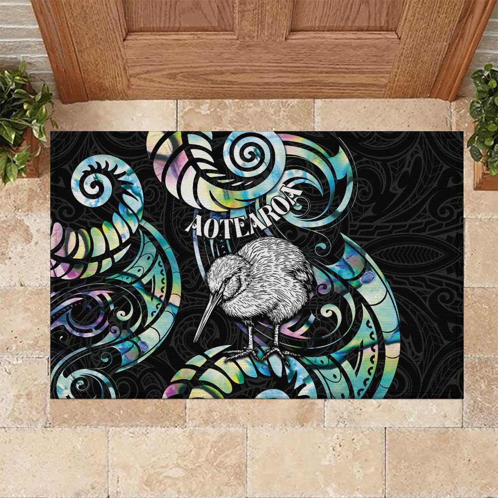 New Zealand Kiwi Bird Rubber Doormat Silver Fern Koru Paua Shell DT04 Black - Polynesian Pride