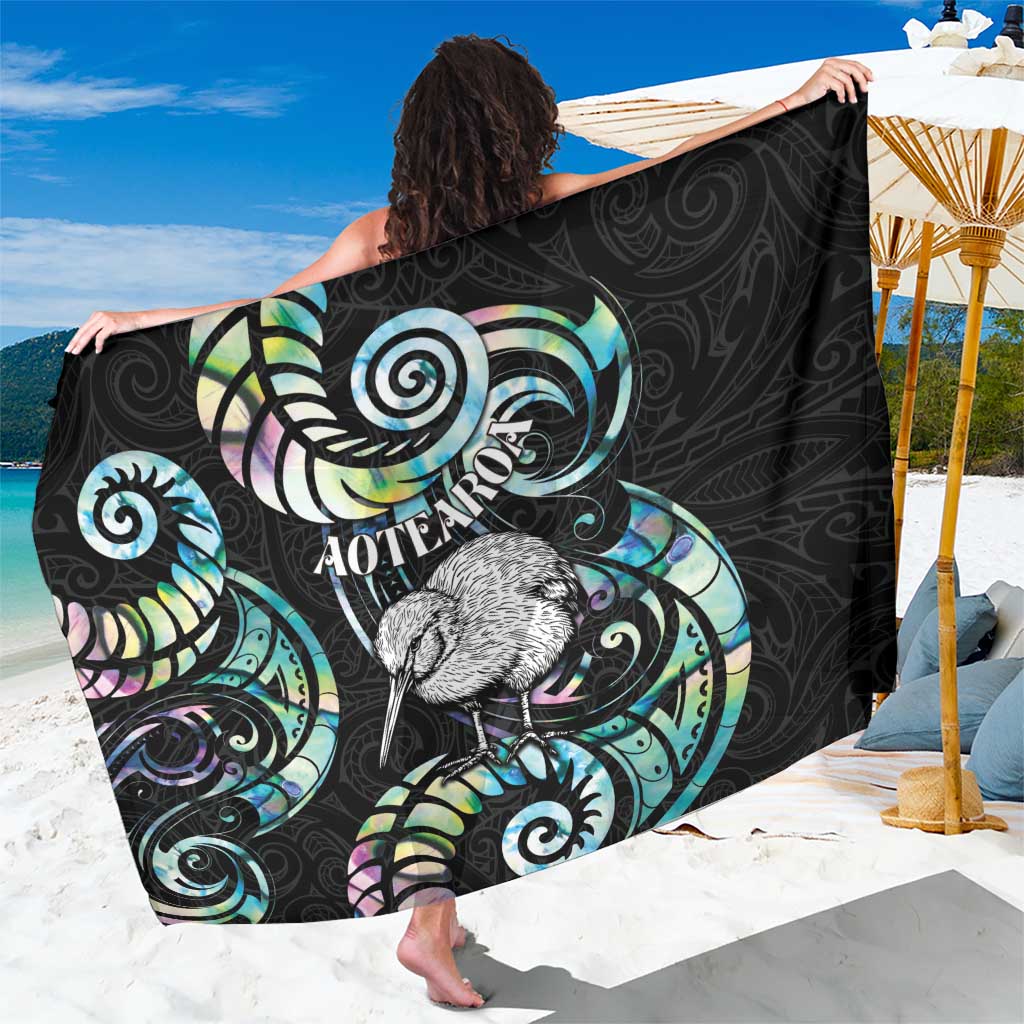 New Zealand Kiwi Bird Sarong Silver Fern Koru Paua Shell DT04 One Size 44 x 66 inches Black - Polynesian Pride