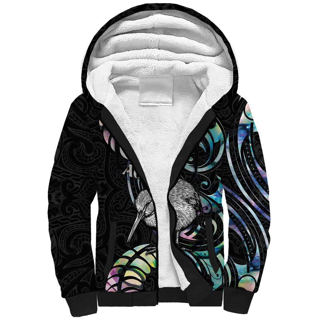 New Zealand Kiwi Bird Sherpa Hoodie Silver Fern Koru Paua Shell