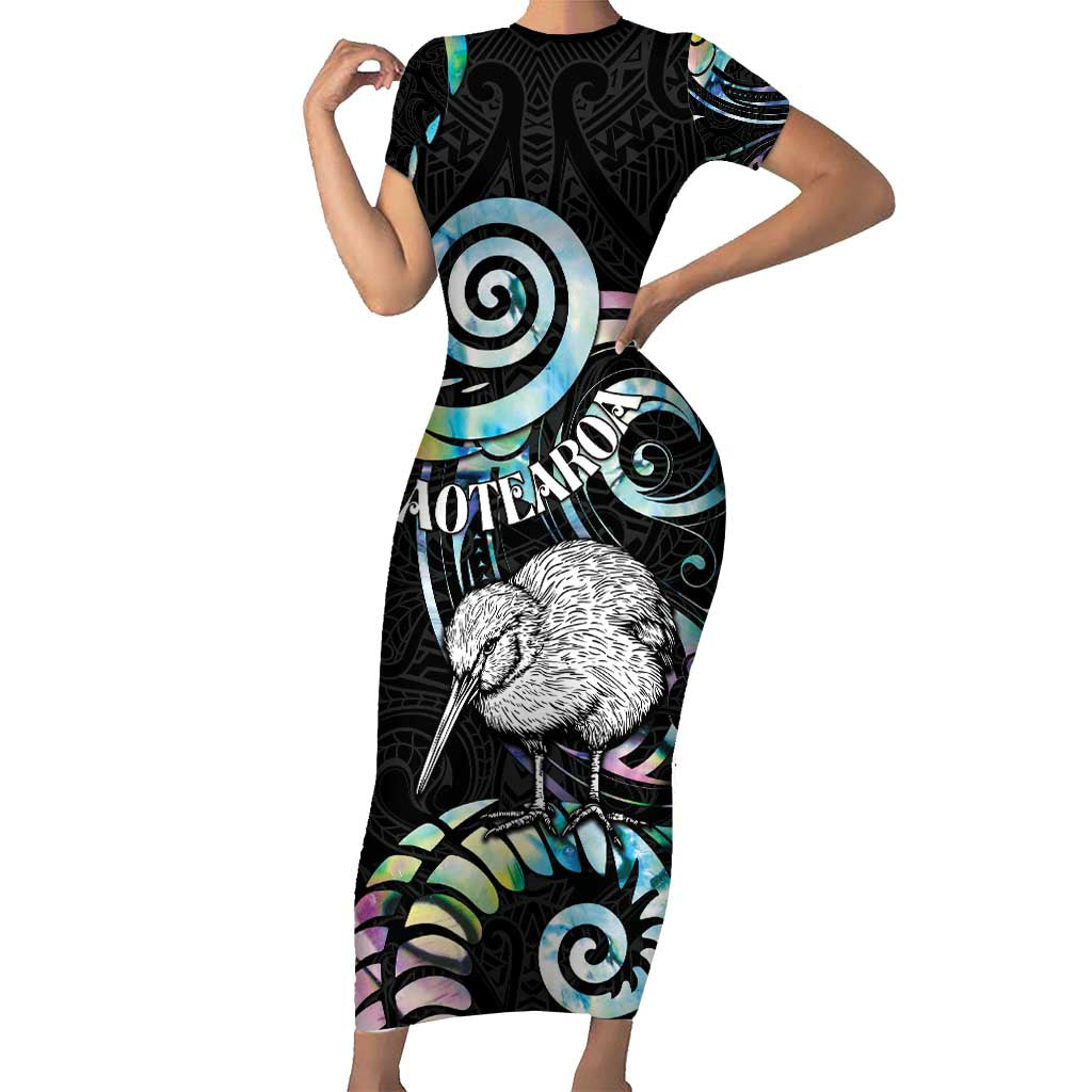 New Zealand Kiwi Bird Short Sleeve Bodycon Dress Silver Fern Koru Paua Shell