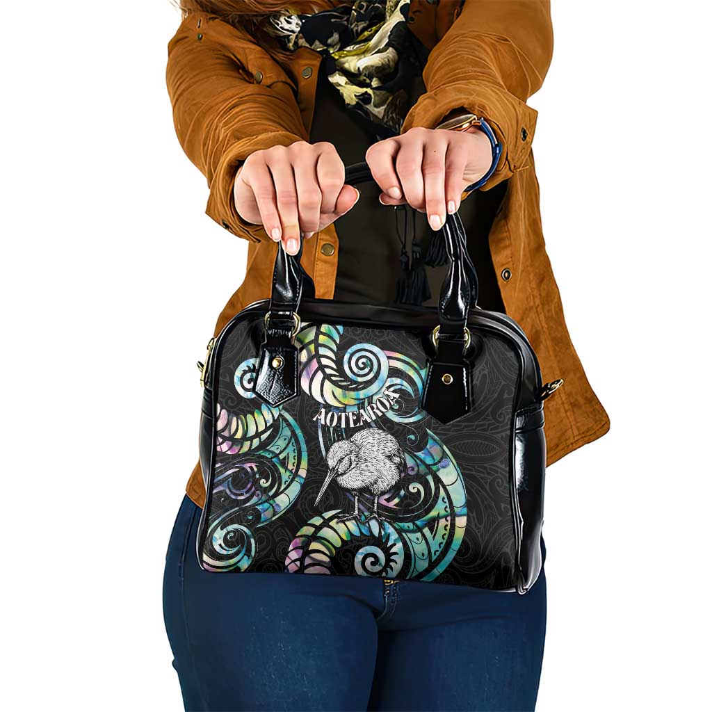 New Zealand Kiwi Bird Shoulder Handbag Silver Fern Koru Paua Shell DT04 One Size Black - Polynesian Pride