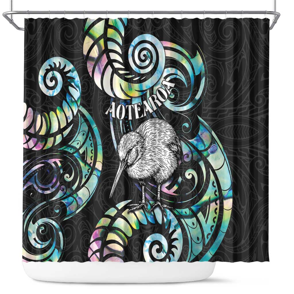 New Zealand Kiwi Bird Shower Curtain Silver Fern Koru Paua Shell DT04 Black - Polynesian Pride