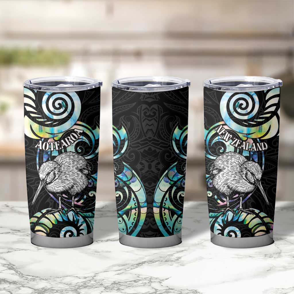 New Zealand Kiwi Bird Tumbler Cup Silver Fern Koru Paua Shell