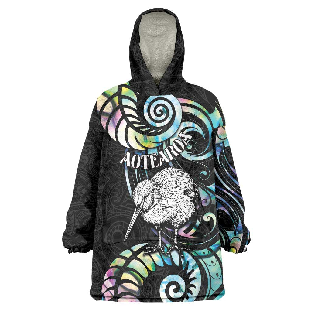 New Zealand Kiwi Bird Wearable Blanket Hoodie Silver Fern Koru Paua Shell DT04 One Size Black - Polynesian Pride