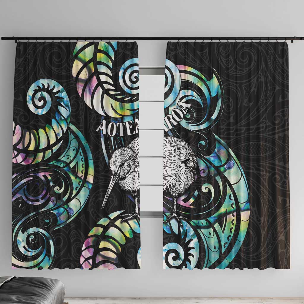 New Zealand Kiwi Bird Window Curtain Silver Fern Koru Paua Shell DT04 With Hooks Black - Polynesian Pride