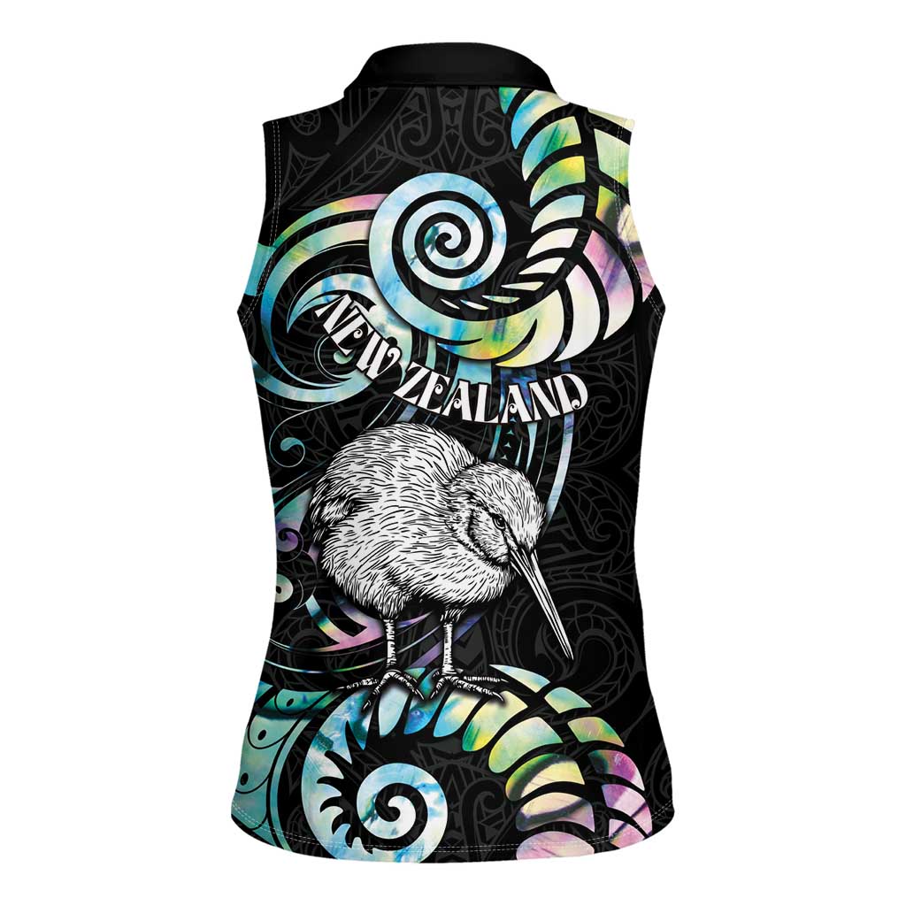 New Zealand Kiwi Bird Women Sleeveless Polo Shirt Silver Fern Koru Paua Shell